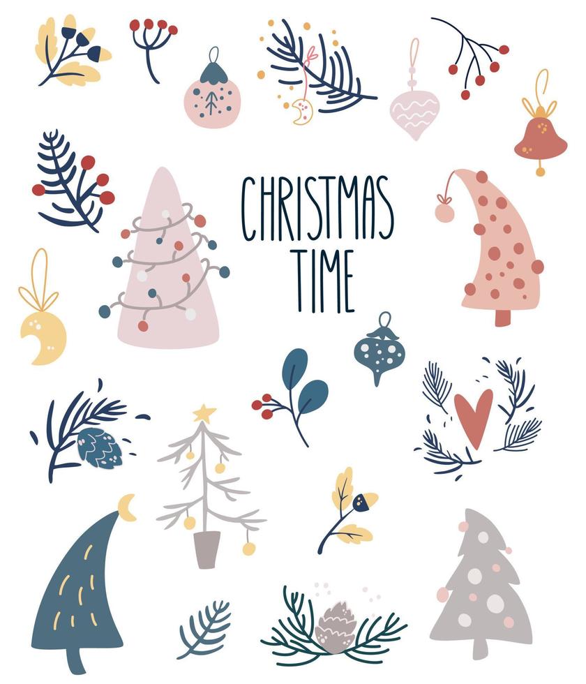 Christmas items set. Winter Decor. Christmas tree, toys, twigs and berries. Perfect for greeting cards, Christmas and Happy New Year invitations and scrapbooking. Vector illustration.