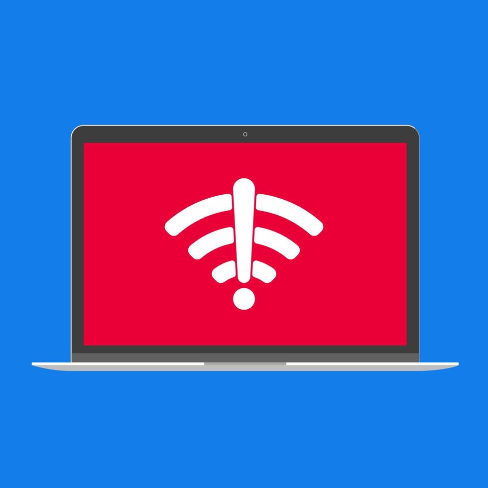 Modern device - laptop, computer or netbook pc flat design with no wifi symbol icon sign vector illustration. No keybord technology concept of bad free wireless wi-fi at home isolated blue background.