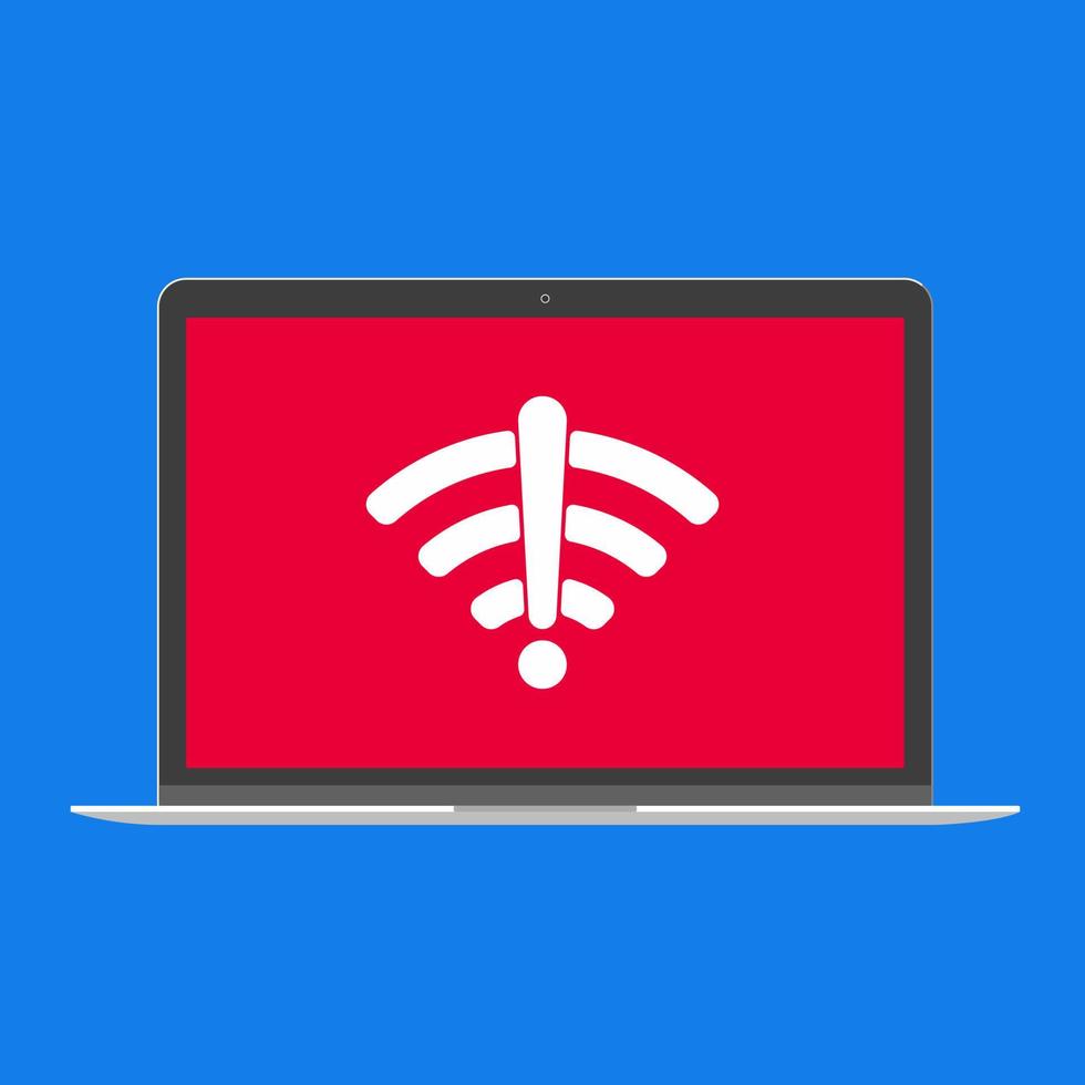 Dispositivo moderno: diseño plano de pc portátil, computadora o netbook sin ilustración de vector de signo de icono de símbolo de wifi. ningún concepto de tecnología de teclado de wifi inalámbrico gratuito en casa aislado fondo azul.