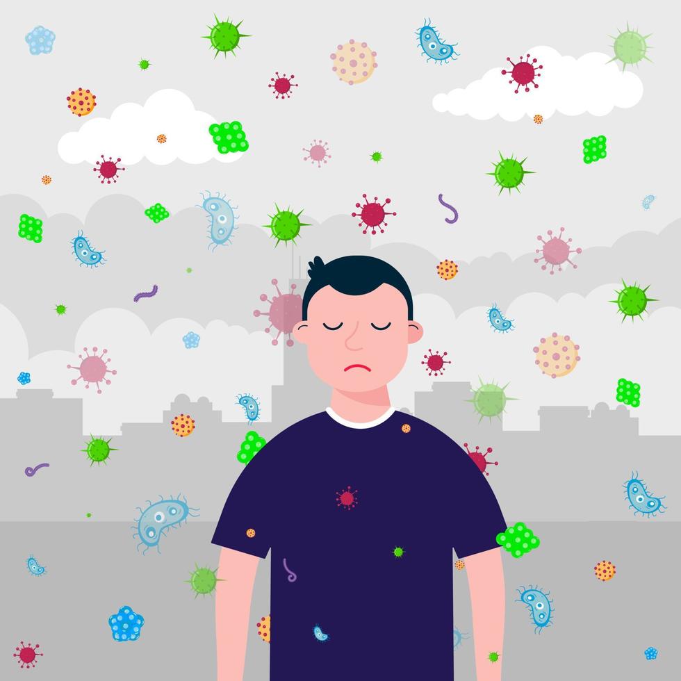 Sad boy no mask, bacterias and viruses fly because infection transmitted by air. Mask as protection against bacterias and viruses concept flat style vector illustration isolated on city background.