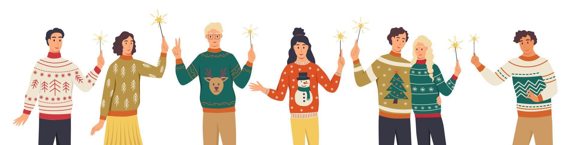 Young people in ugly sweaters with sparklers. Men and women celebrate New Year and Christmas. Flat vector illustration