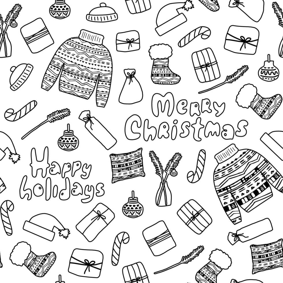 Winter black white outline Christmas elements seamless pattern. Lettering, sweater, gifts, hat tree branch toys socks knitted lollipop pillow home decorations flags flowerpot. Vector illustration