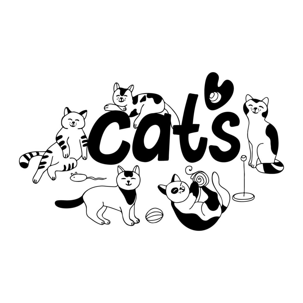 Cats. Lettering with cute cats and toys. vector