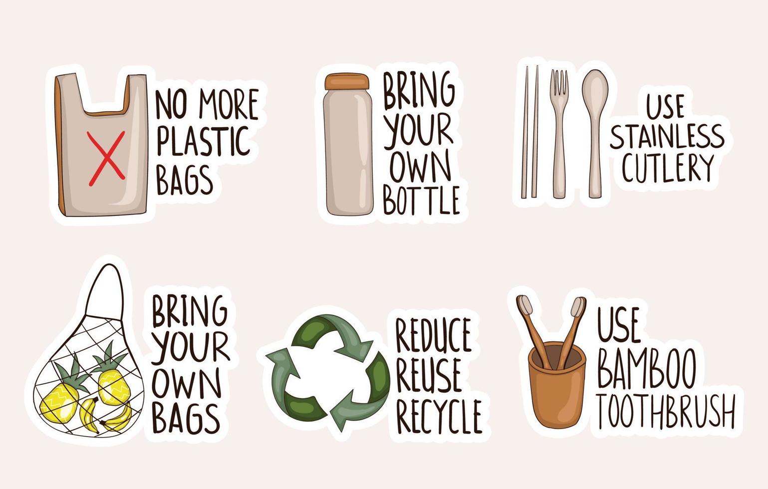 Colorful Hand Drawn zero waste Stickers Collection vector