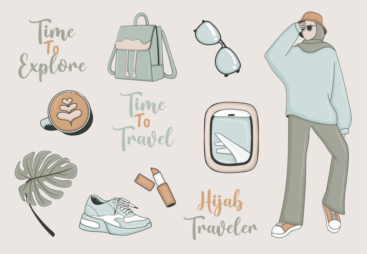 Modern Travel Stickers Set with muslim girl and some elements vector