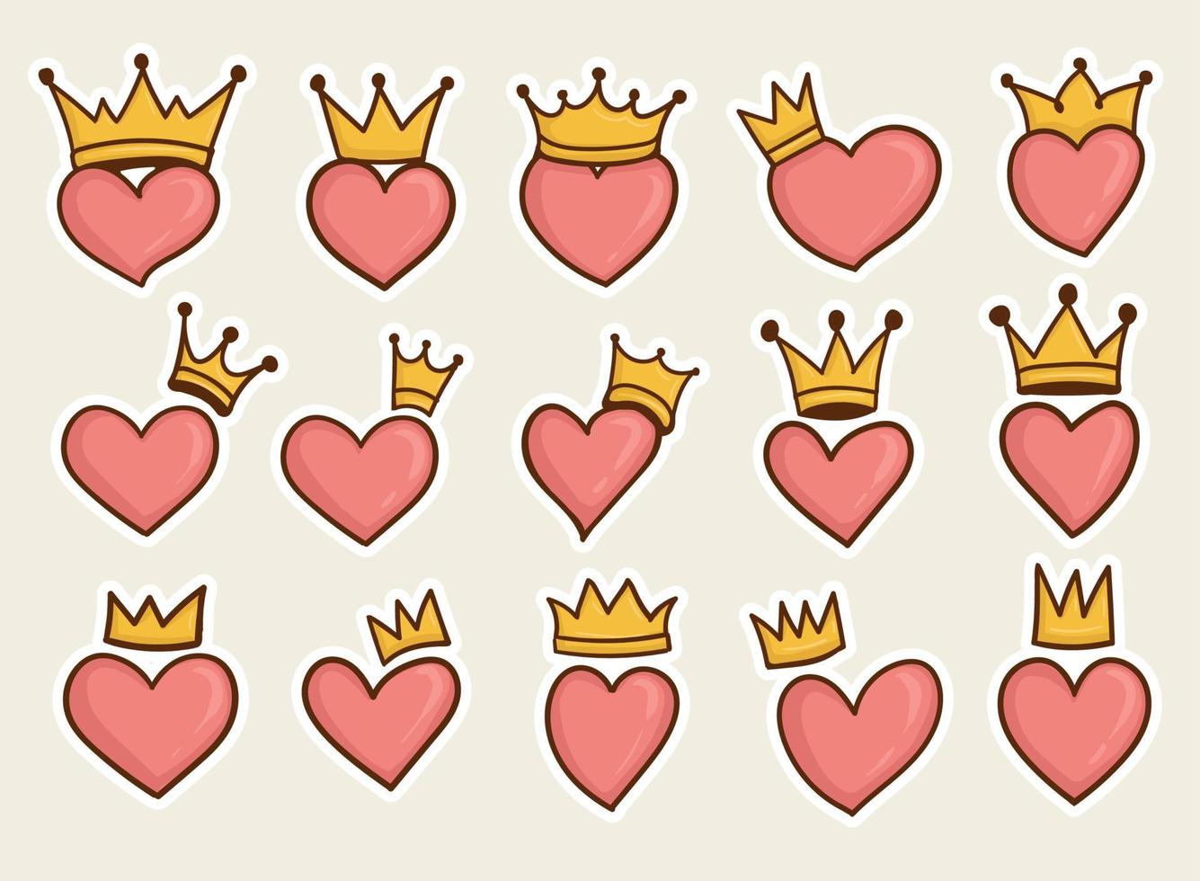 set of colorful hand drawn heart symbol with crown on it vector