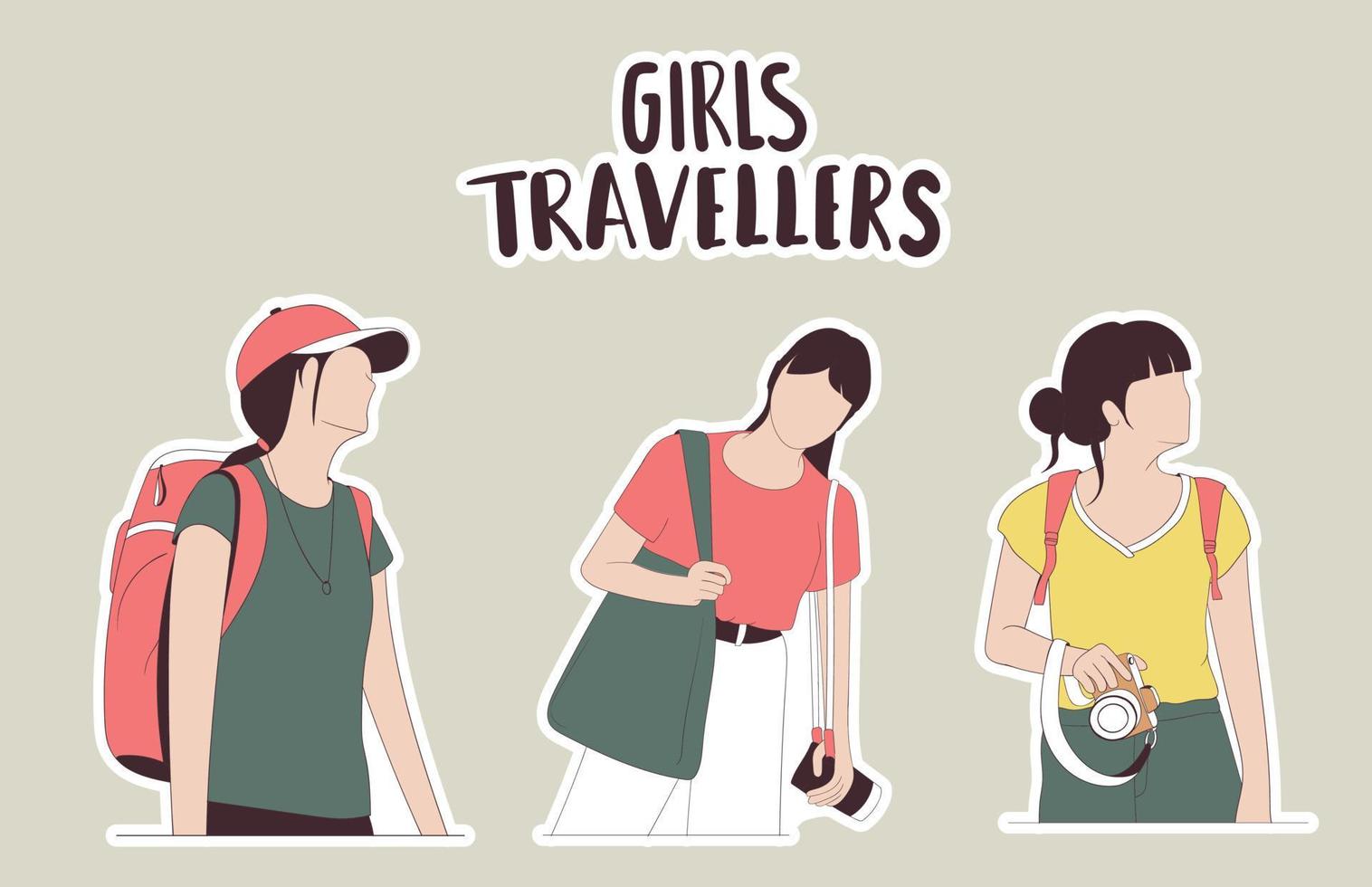 Colorful Hand Drawn Girl Travelers Stickers vector