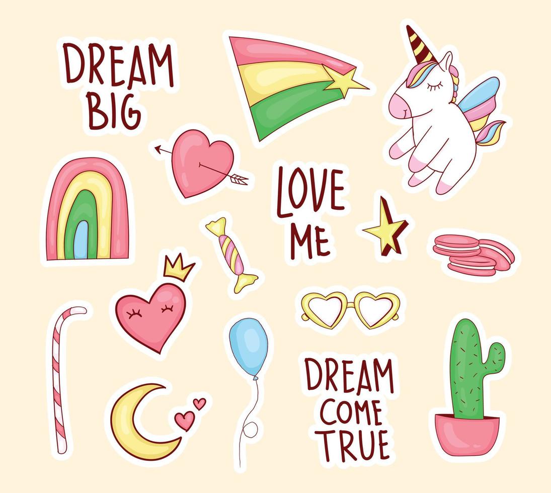 Set Of Colorful cute Unicorn Stickers with some cute elements vector