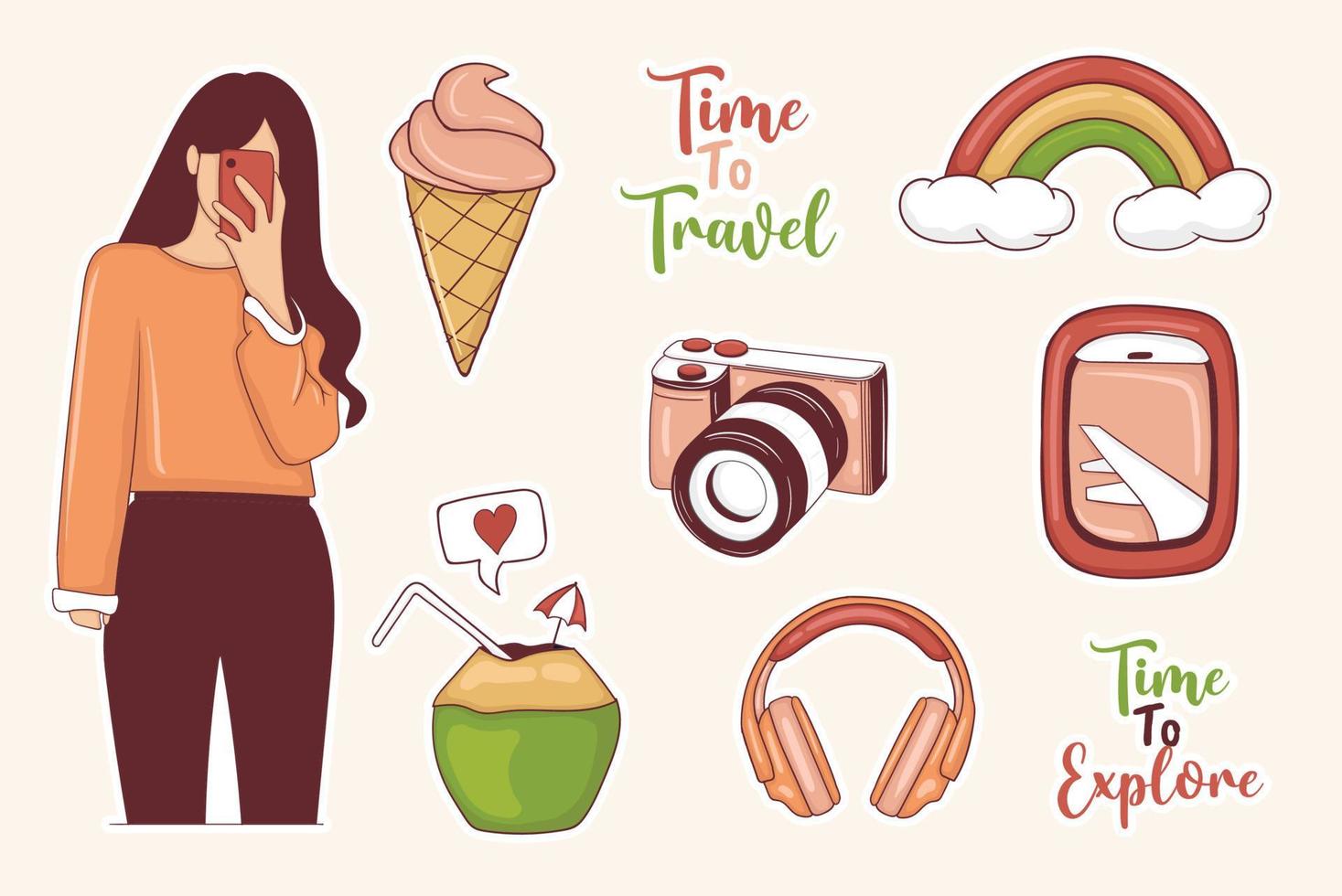 Modern Travel Stickers Set with girl and some elements vector