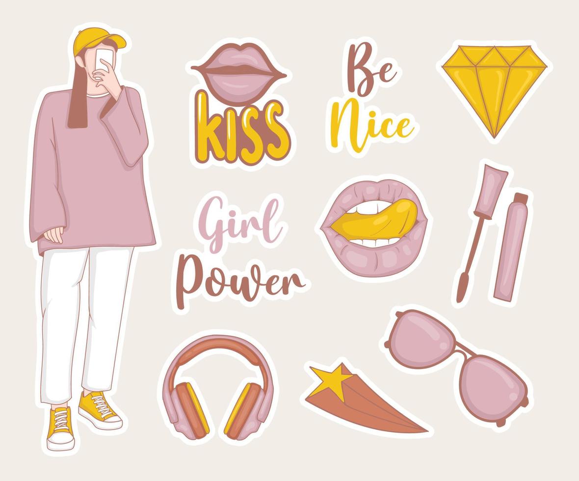 Girl powers stickers Collection with girl illustration and some elements vector