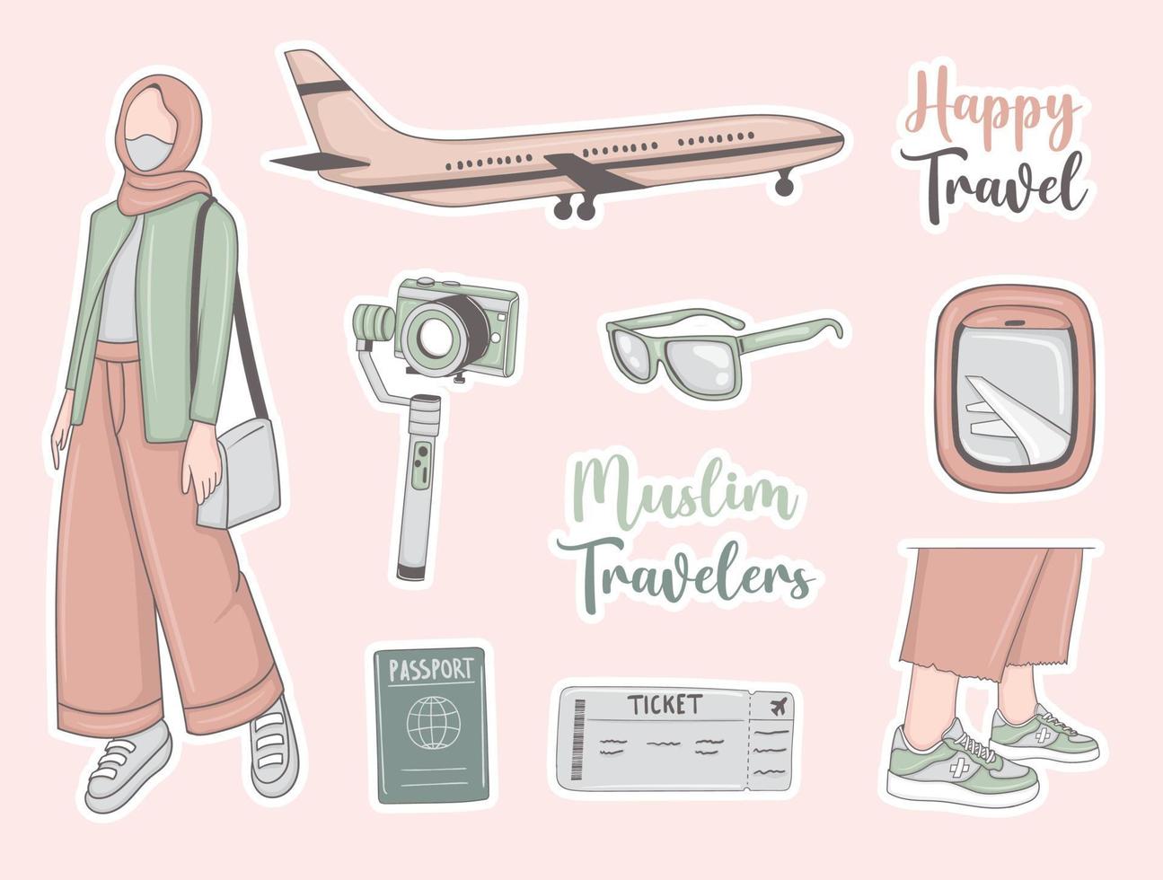 Modern Travel Stickers Set with muslim girl and some elements vector