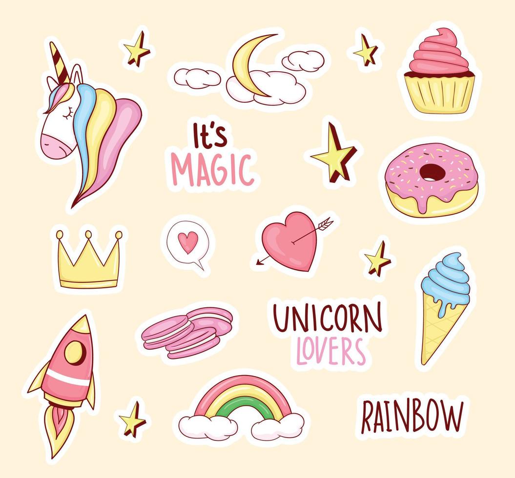 Set Of Colorful cute Unicorn Stickers with some cute elements vector
