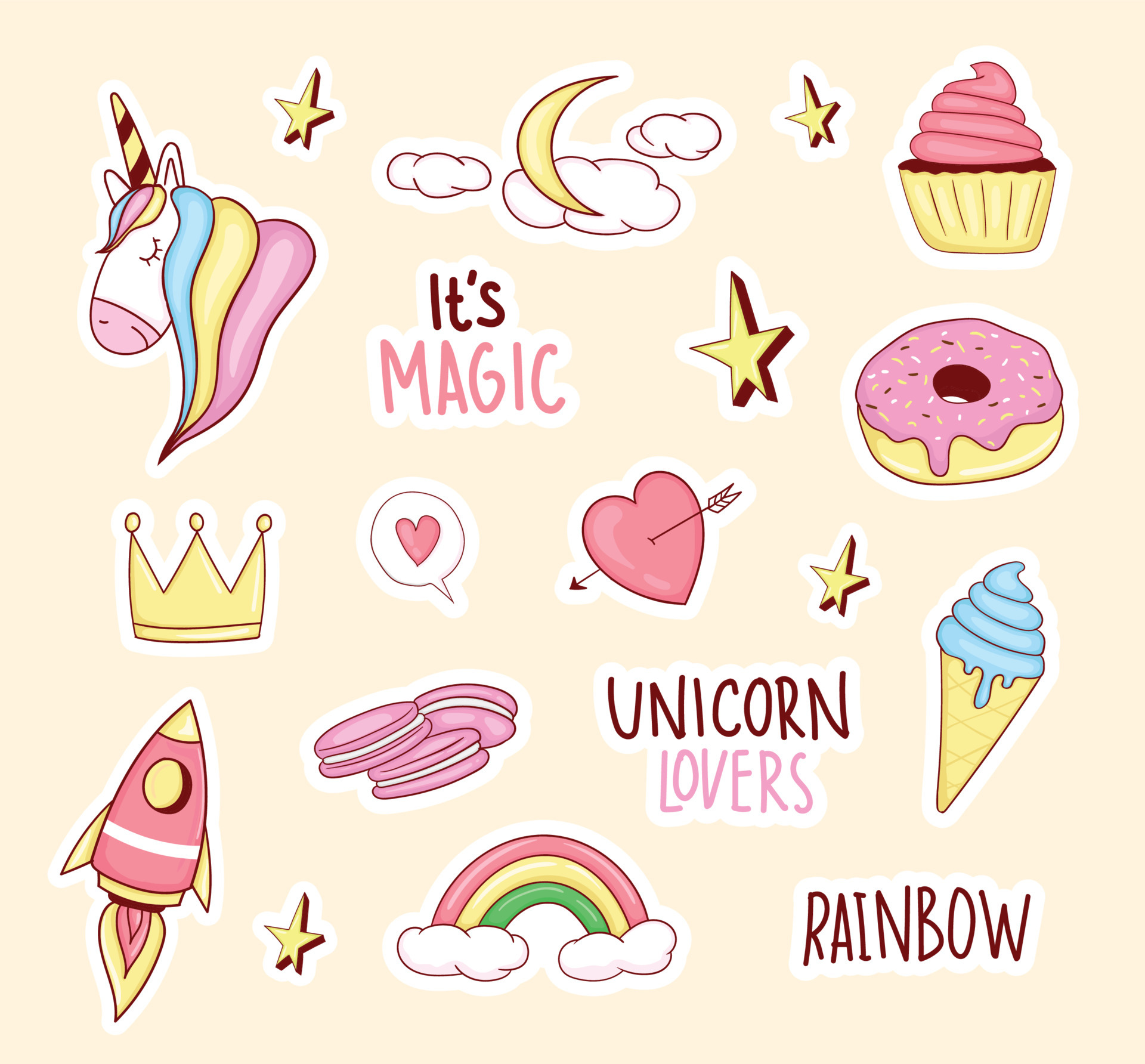 Set Of Colorful cute Unicorn Stickers with some cute elements ...