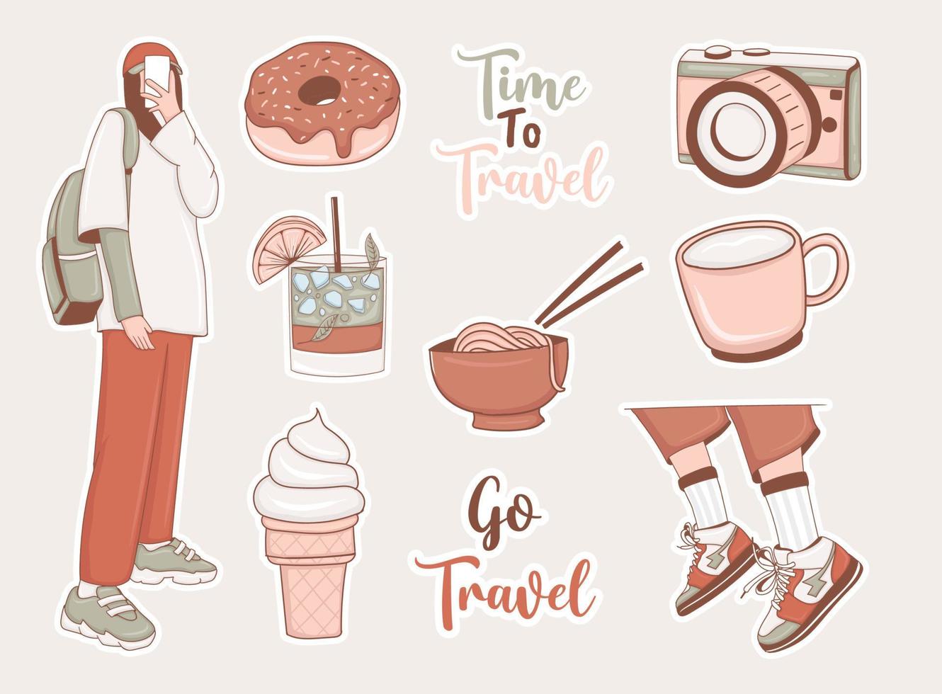 Modern Travel Stickers Set with girl and some elements vector