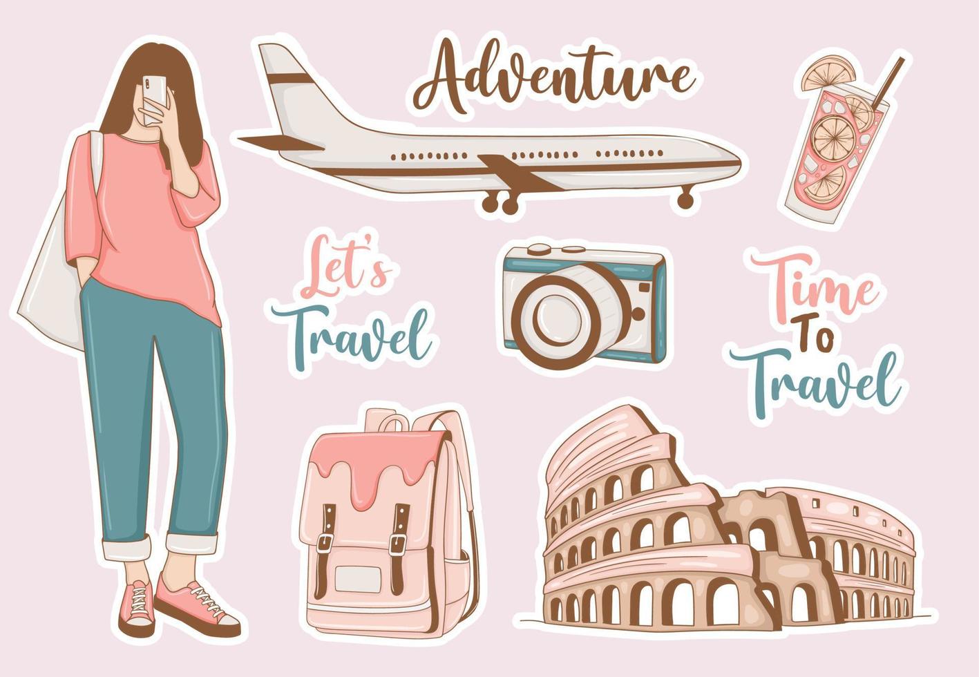 Modern Travel Stickers Set with girl and some elements vector