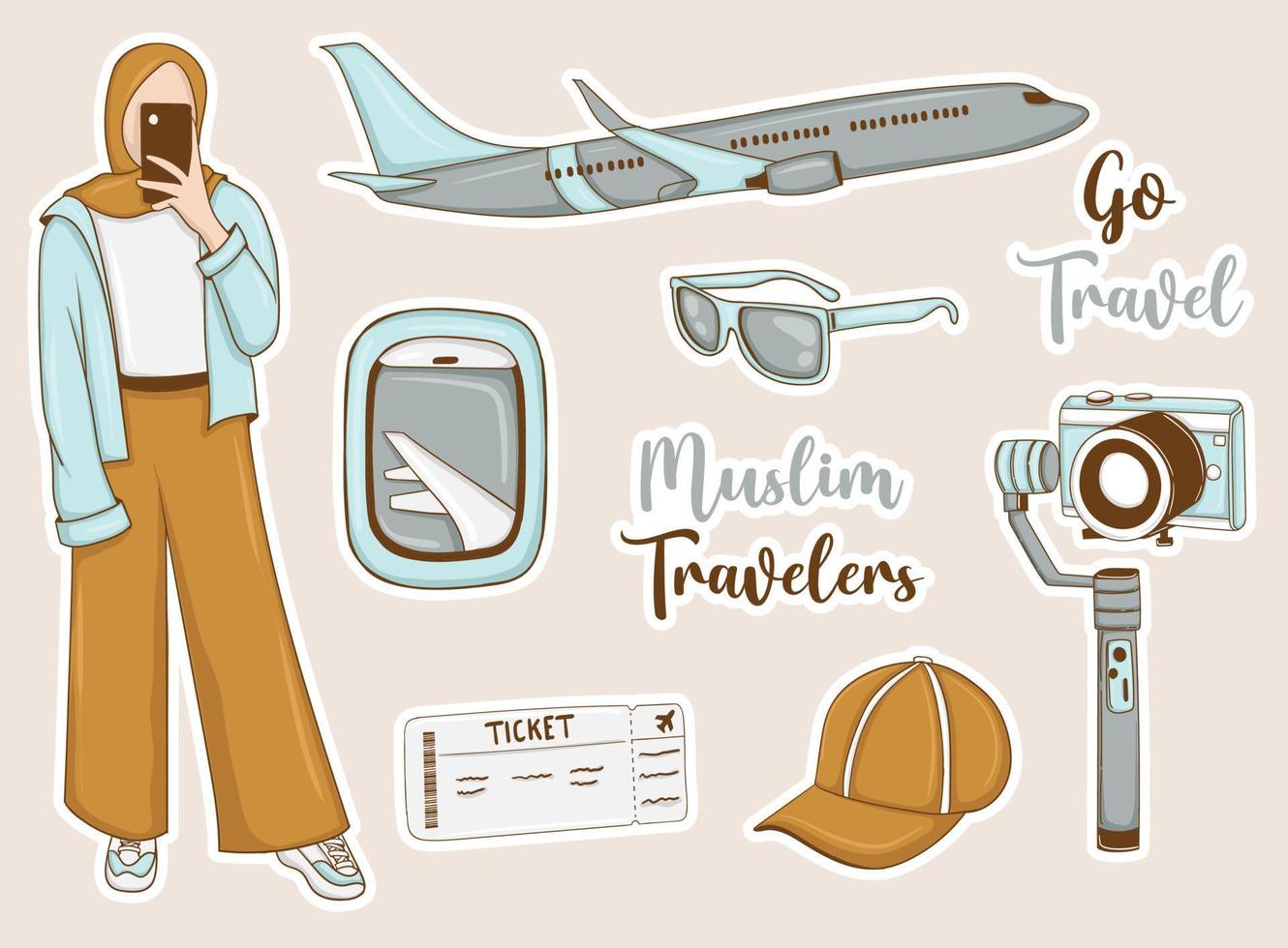 Modern Travel Stickers Set with muslim girl and some elements vector