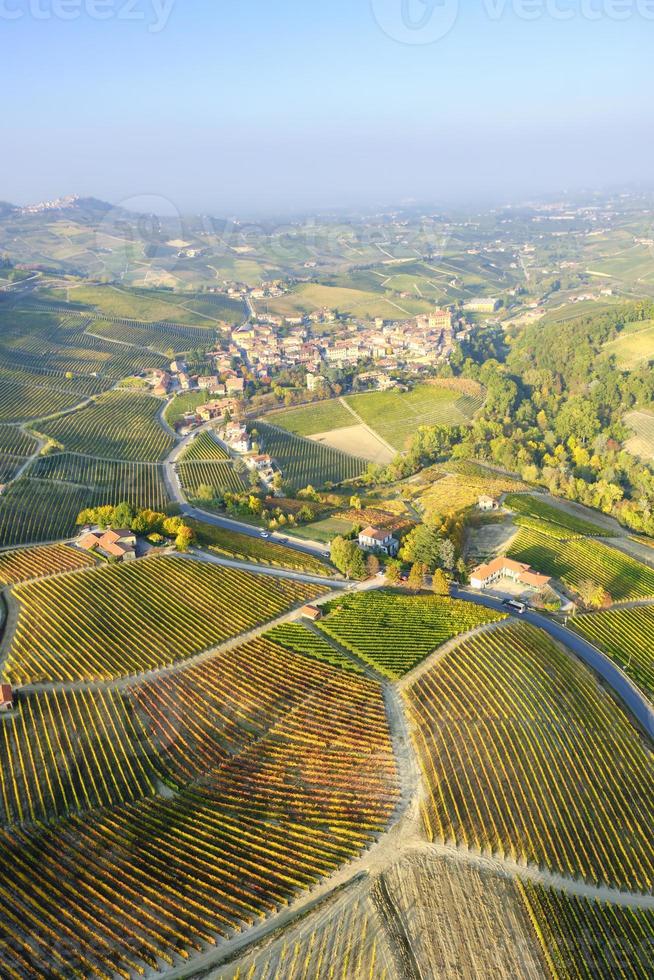 Aerial view of the vineyards of the hilly region of Langhe, Piedmont, Northern Italy, fall season. UNESCO Site since 2014. photo