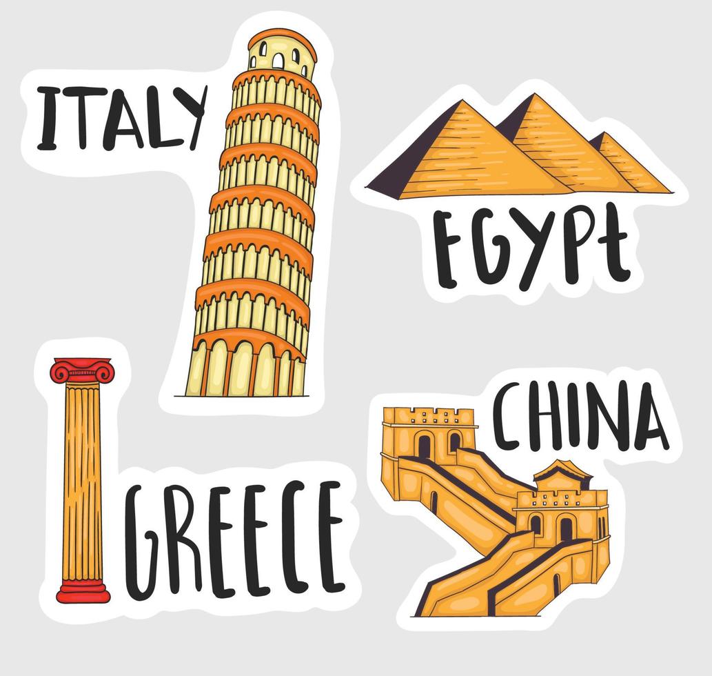 Colorful Hand Drawn World Landmarks Stickers Collection vector
