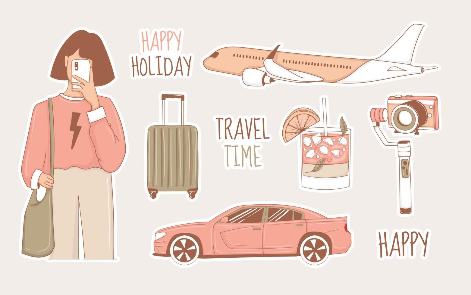 Modern Travel Stickers Set with girl and some elements vector