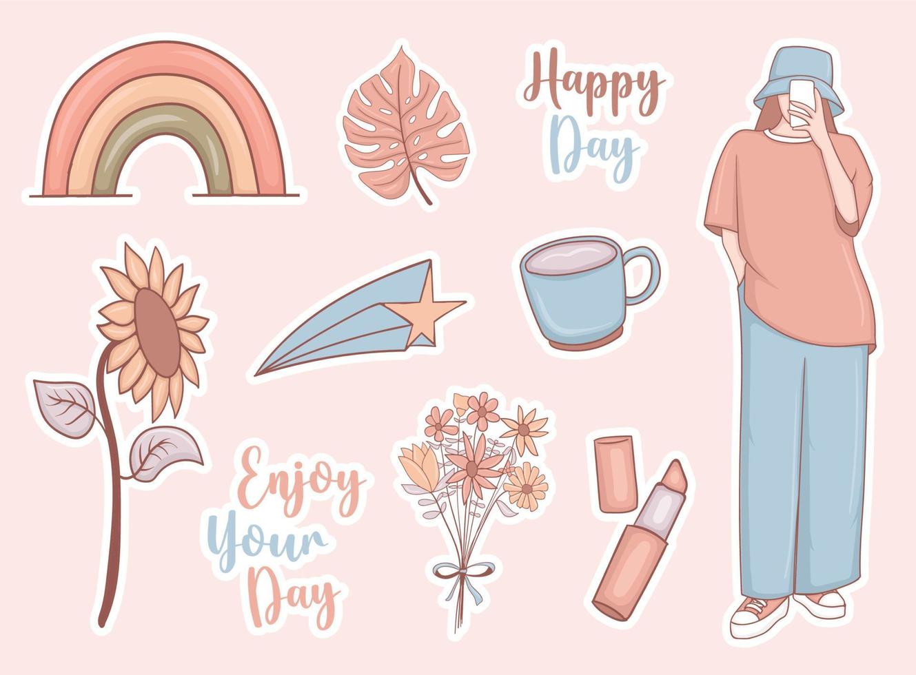 Daily Stickers set with girl and some elements vector