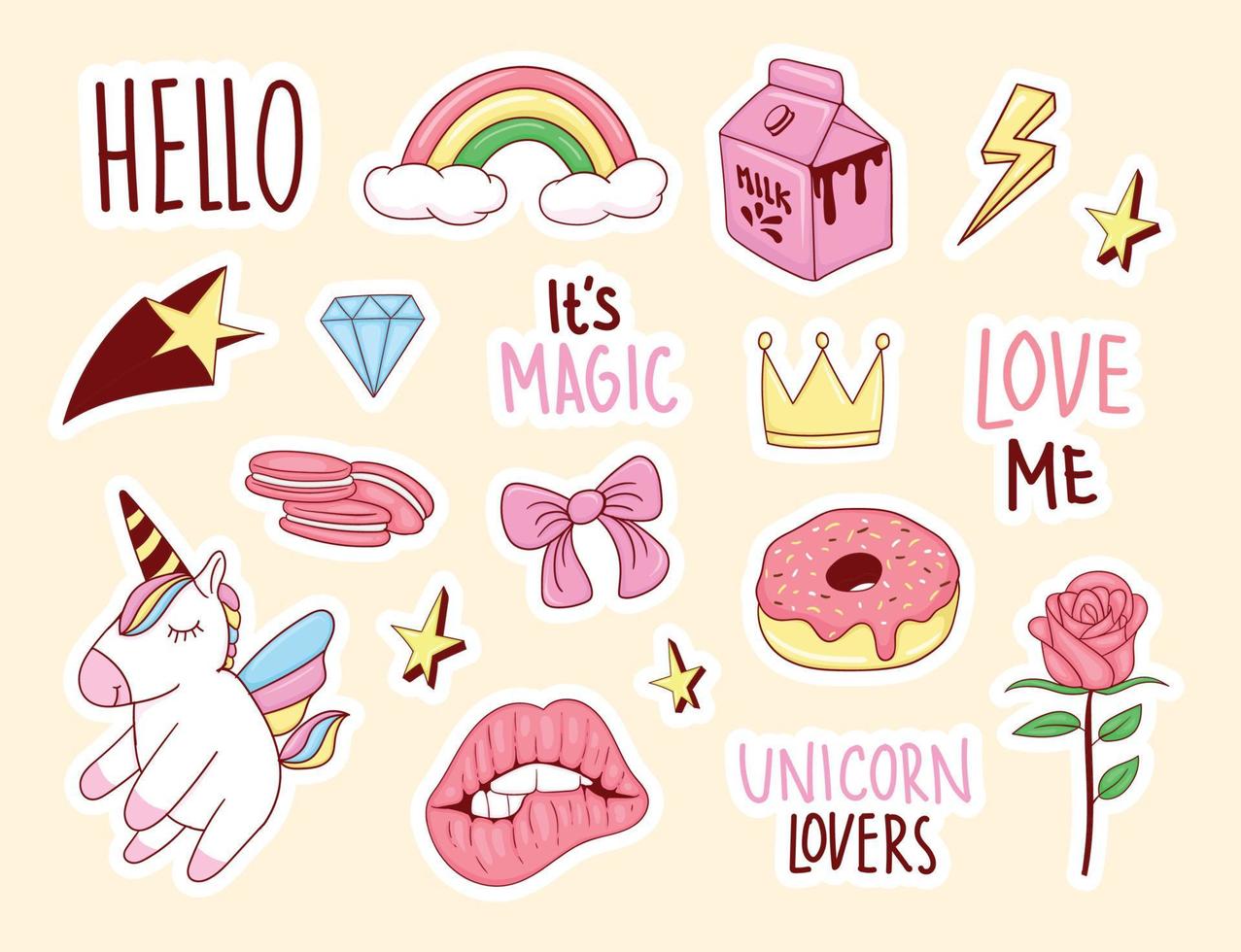 Set Of Colorful cute Unicorn Stickers with some cute elements vector