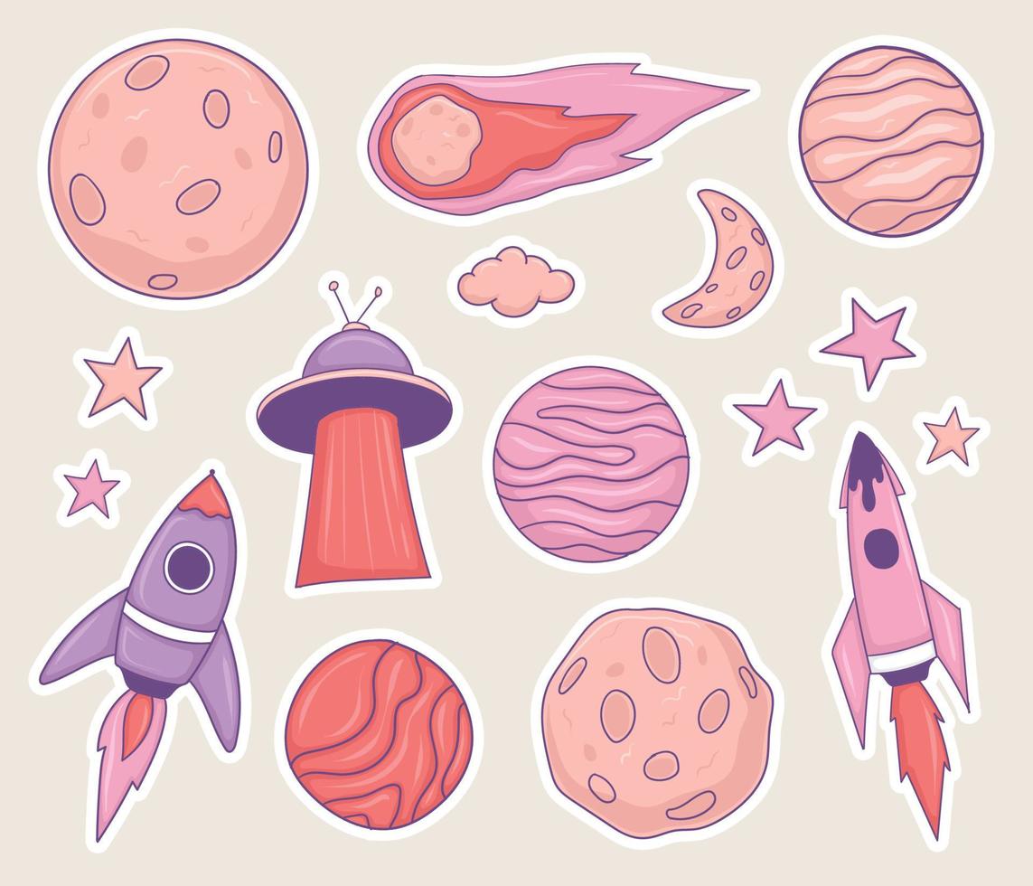 Colorful Hand drawn Space elements stickers collection vector