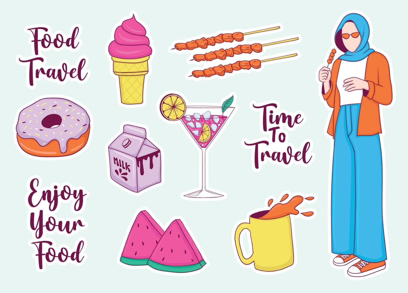 Modern Travel Stickers Set with muslim girl and some elements vector