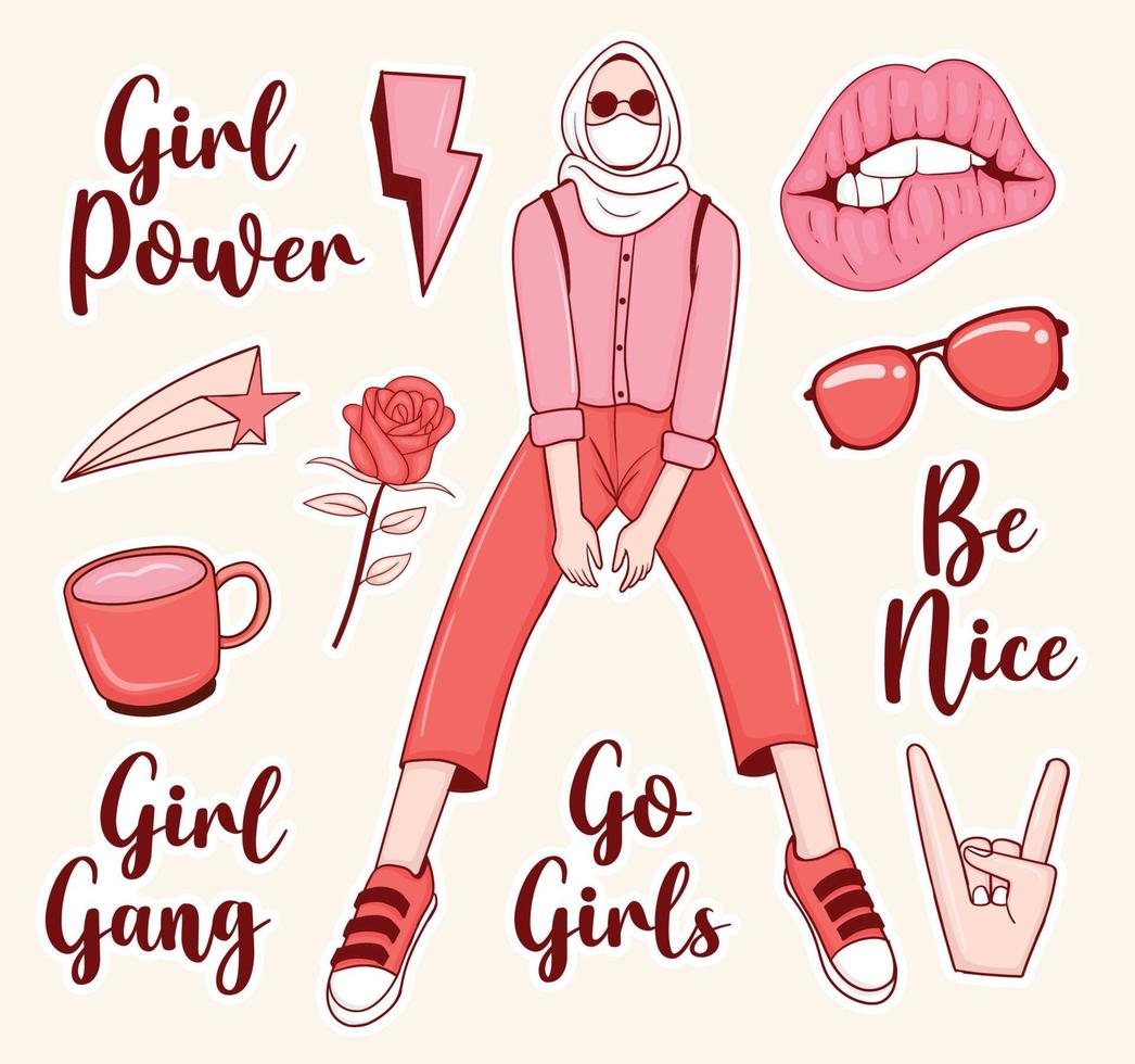 Girl powers stickers Collection with girl illustration and some elements vector
