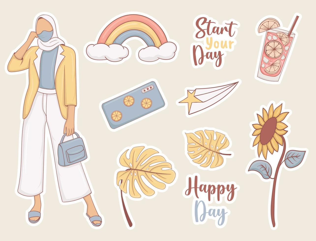 Daily Stickers set with girl and some elements vector