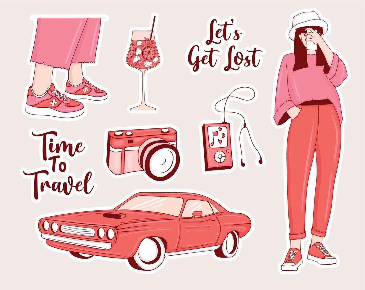 Modern Travel Stickers Set with girl and some elements vector