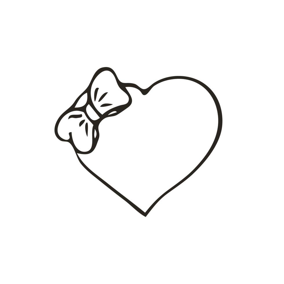 Doodle heart icon. Love symbol with bow. Cute hand drawn graphic illustration isolated on white background. Simple outline style sign. Art sketch pattern vector