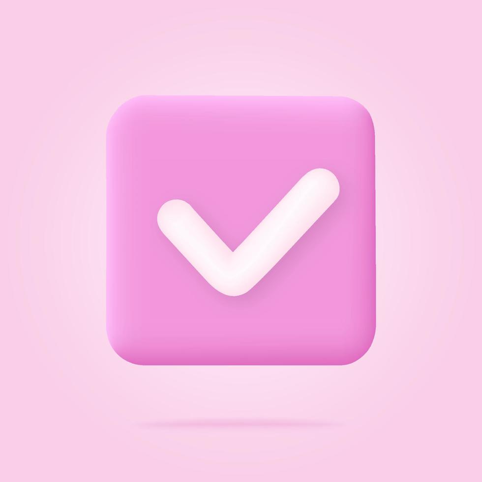 3d check mark icon on pink square button. White checkmark symbol vector