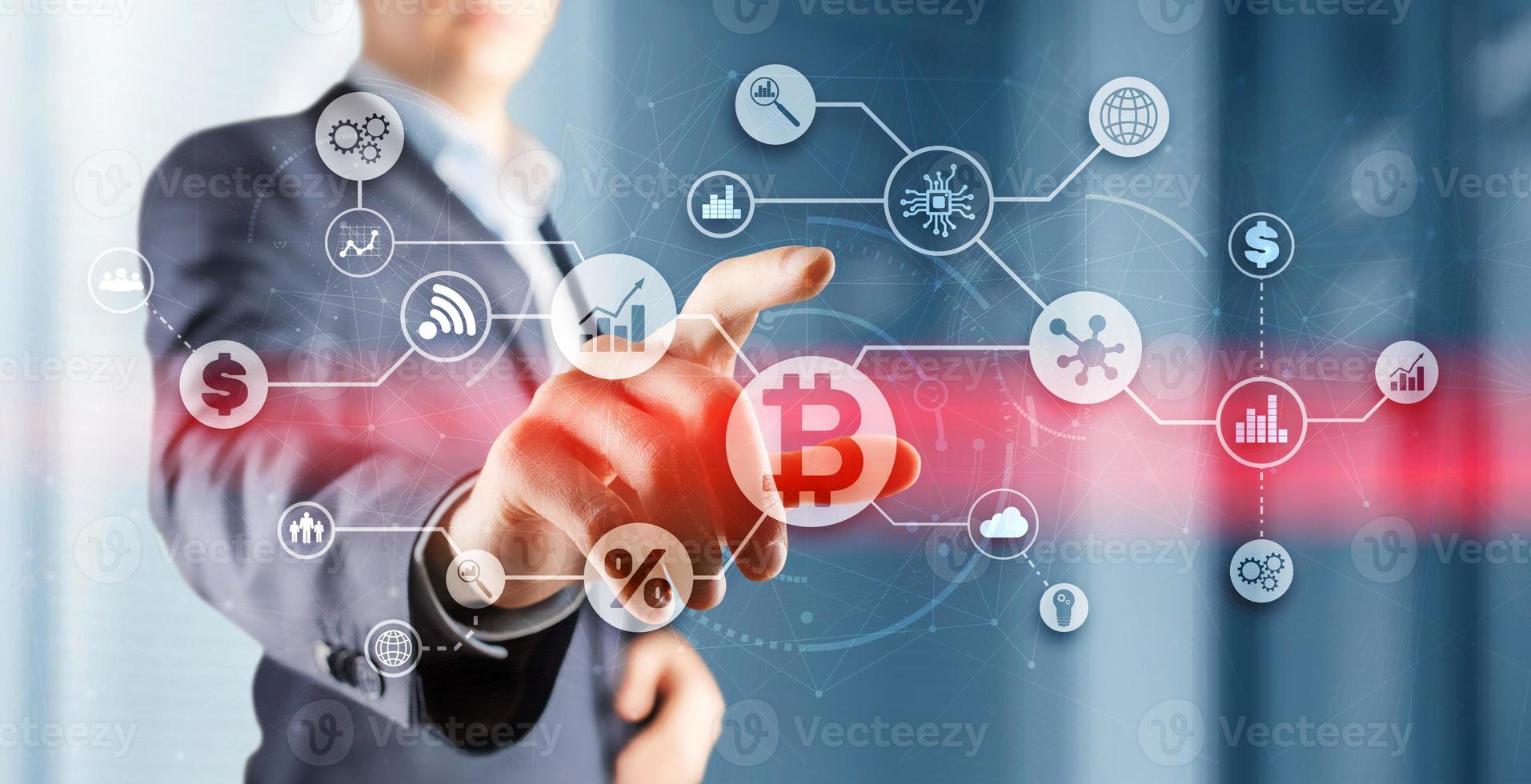 BTC. Digital money and technology worldwide network concept. Virtual bitcoin digital currency coin photo