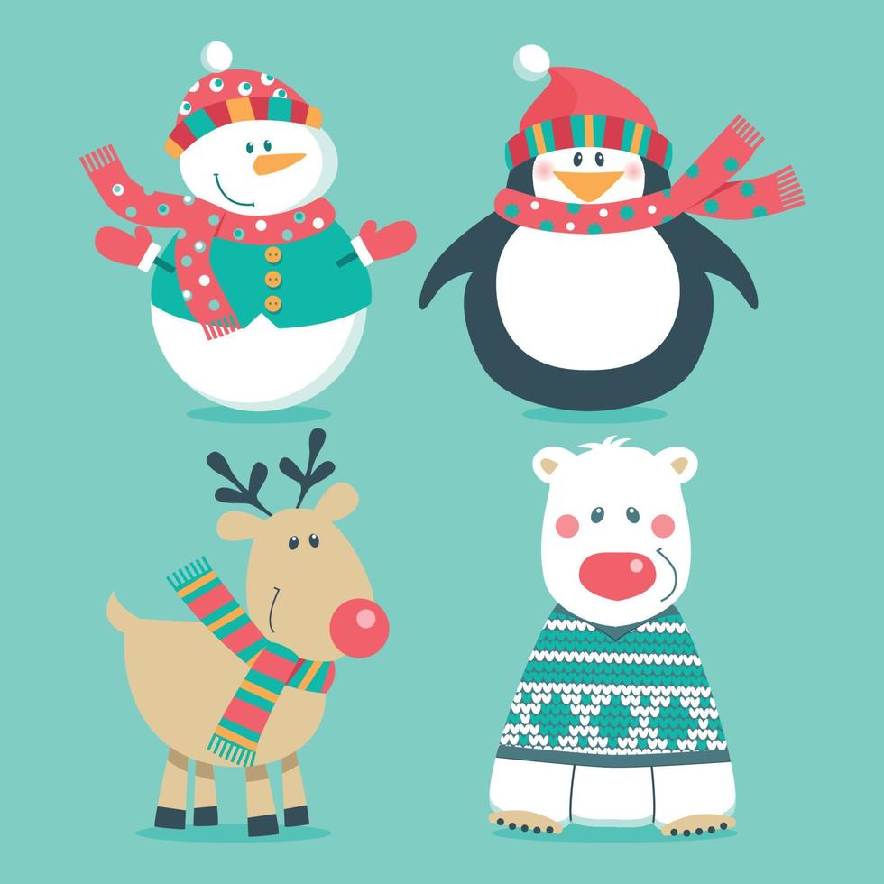 navidad conjunto de personajes de dibujos animados oso polar muñeco de nieve pingüino y ciervo vector