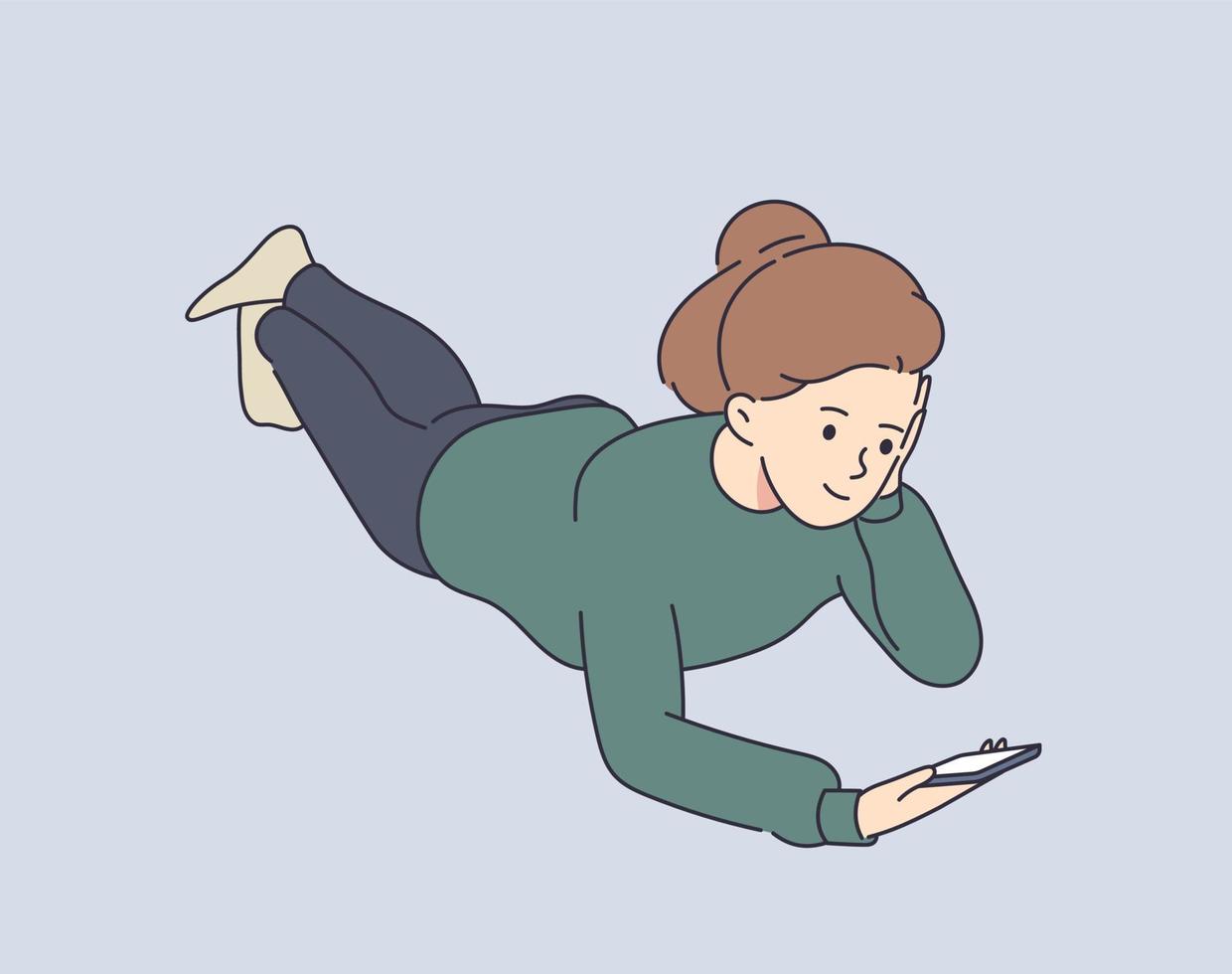 Communication, comfort, smart. Young smiling attractive girl using a smartphone writes or speaks at home after school. vector