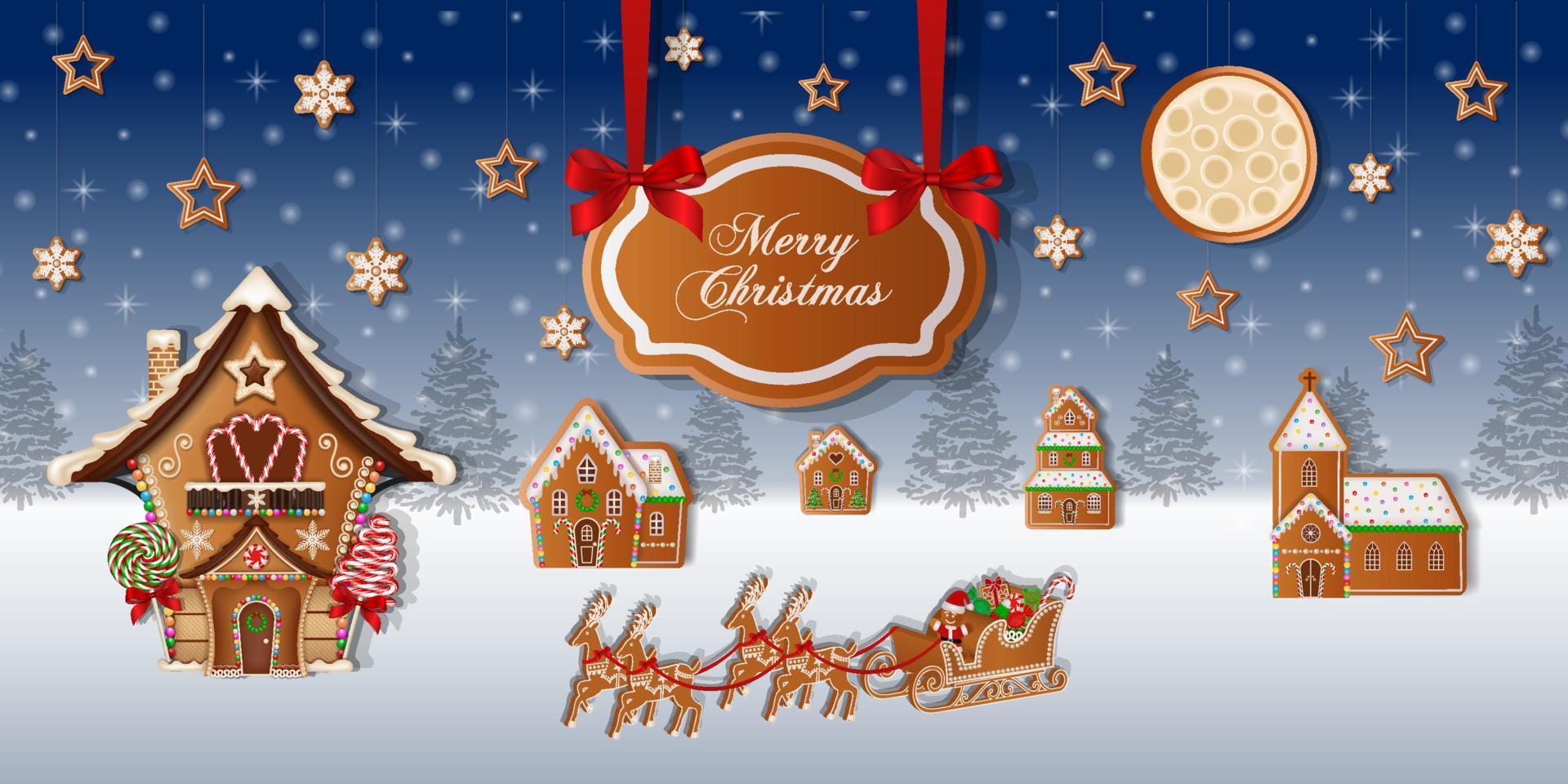 Merry christmas background with gingerbread cookies on snowy landscape vector