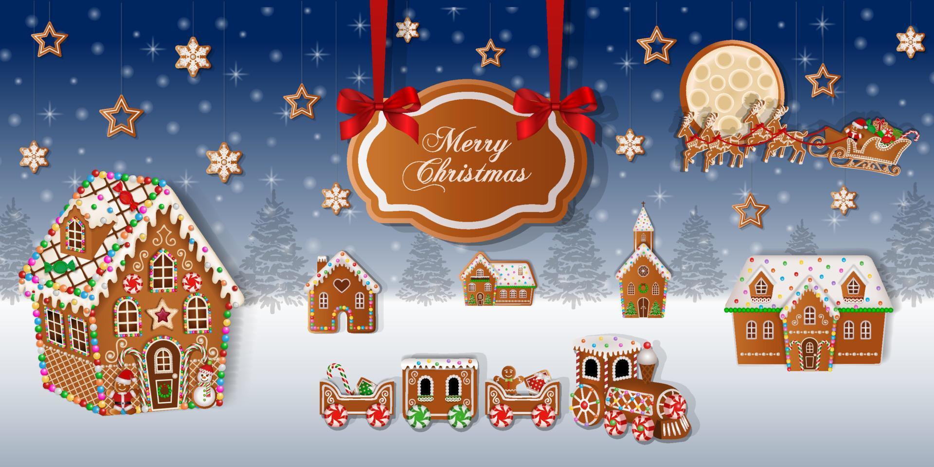 merry christmas background with gingerbread cookies on snowy landscape vector