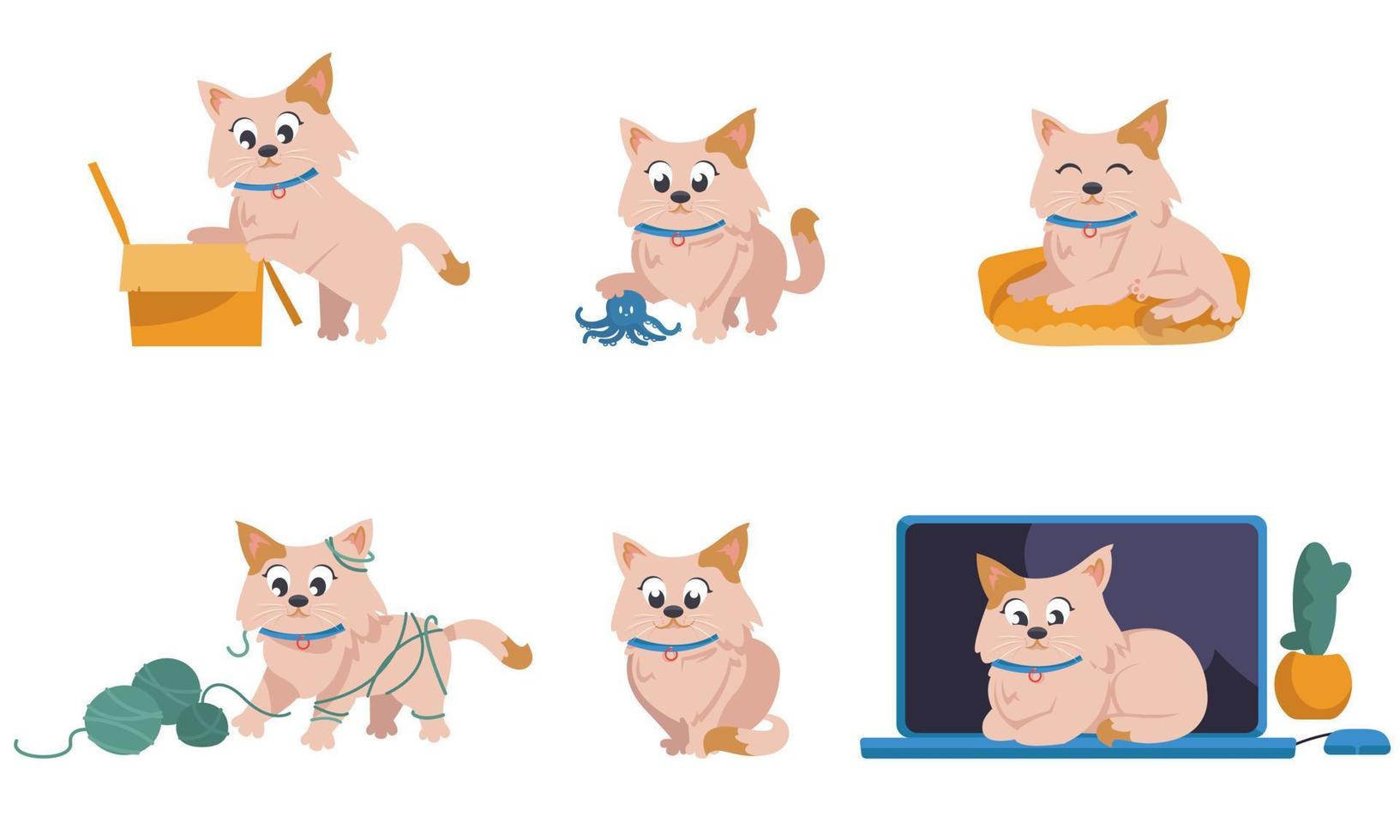 Domestic cat in different poses. Pet in cartoon style vector