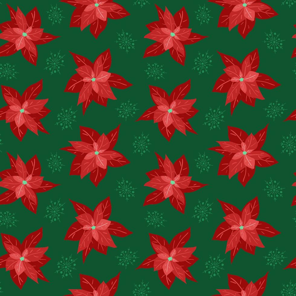 vector patrón de Navidad sin fisuras. dibujo a mano poinsettia rojo y copos de nieve sobre fondo verde para papel de regalo, papel tapiz, postales, textil, tela.
