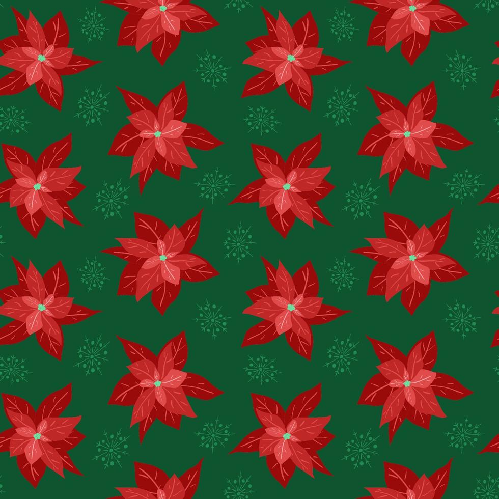 Vector seamless Christmas pattern. Hand drawing red poinsettia and snowflakes on green background  for wrapping paper, wallpaper, post cards, textile, fabric.