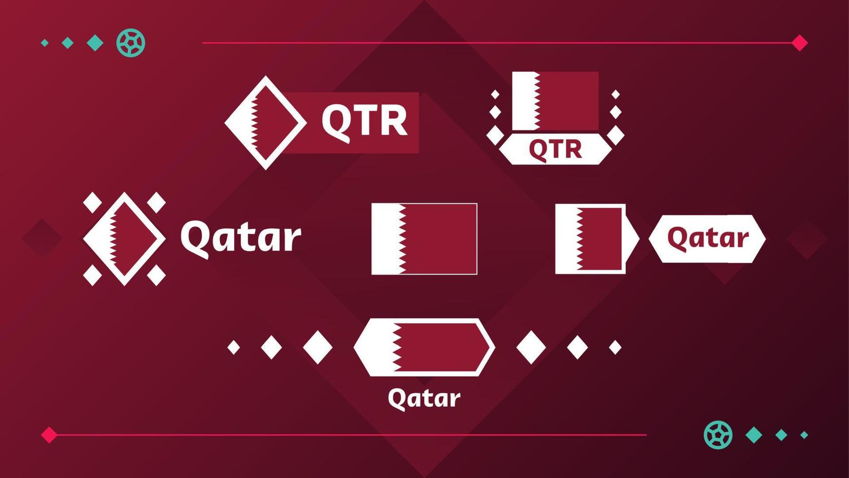 conjunto de bandera de qatar y texto en el fondo del torneo de fútbol 2022. patrón de fútbol de ilustración vectorial para banner, tarjeta, sitio web. bandera nacional de color burdeos qatar vector