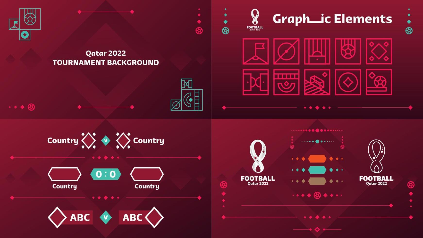 Conjunto de vectores de elementos de diseño de campeonato de fútbol o fútbol de qatar 2022. Fondo oficial de color de qatar 2022 con logo. Vectores, pancartas, carteles, kit de redes sociales, plantillas, marcador