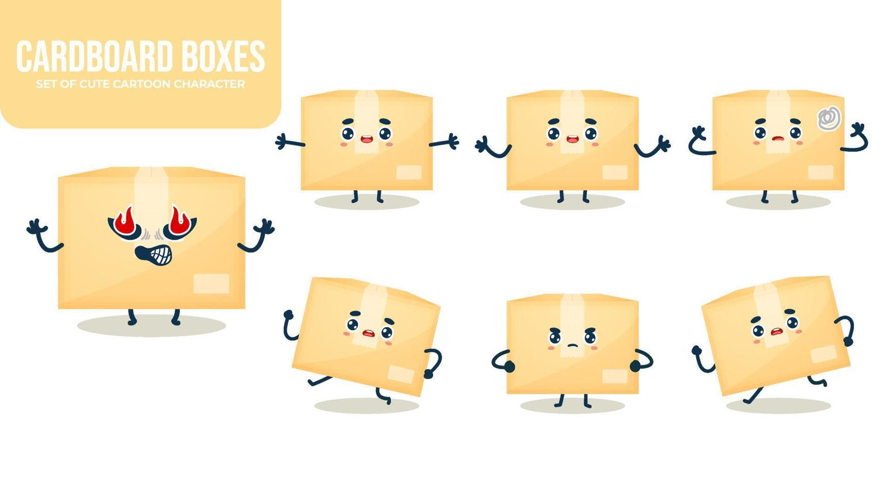 Set of cute cardboard boxes cartoon character with different poses Premium Vector