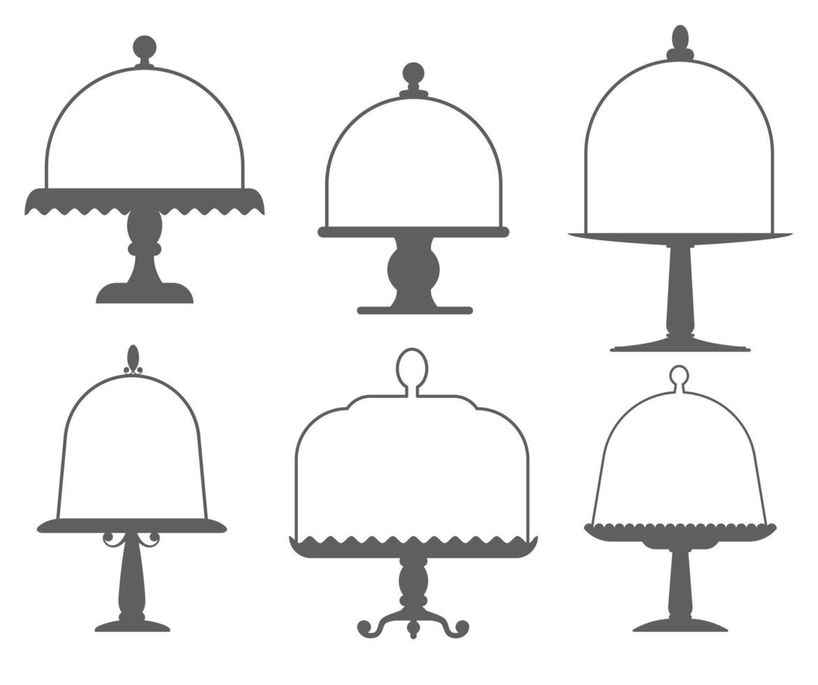 conjunto de soportes para tartas con tapas en estilo de icono plano. bandejas vacías para frutas y postres. ilustración vectorial. vector
