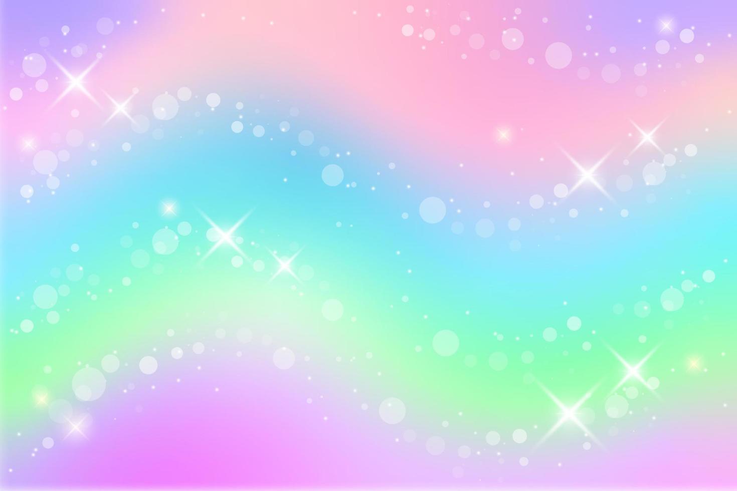 Fondo de fantasía de arco iris. Ilustración holográfica en colores pastel. cielo multicolor con estrellas y bokeh. vector