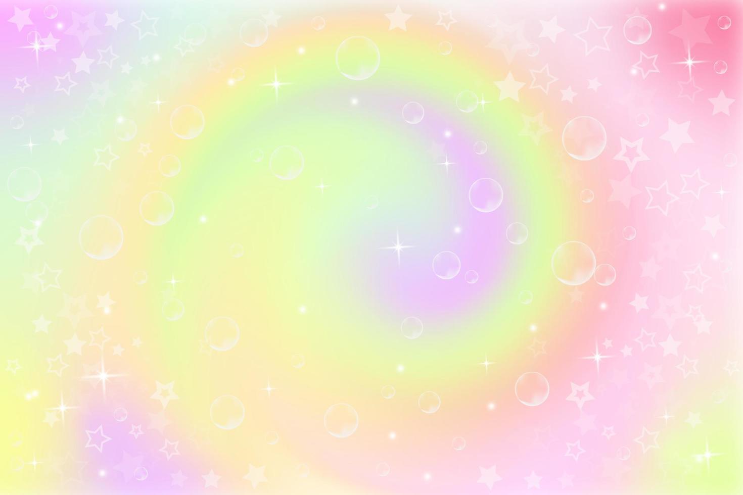 Pastel rainbow background with swirl. Fantasy neon unicorn pattern. Bright multicolored sky with stars. Vector illustration.