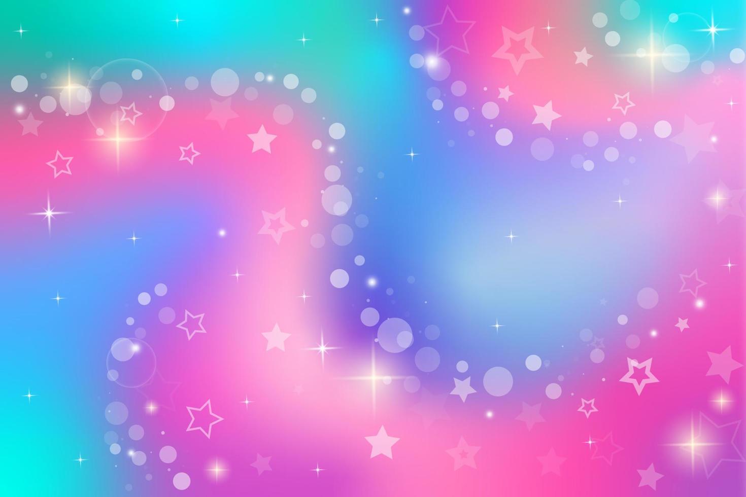 Fondo de fantasía de arco iris. Ilustración holográfica. cielo multicolor con estrellas y bokeh. vector