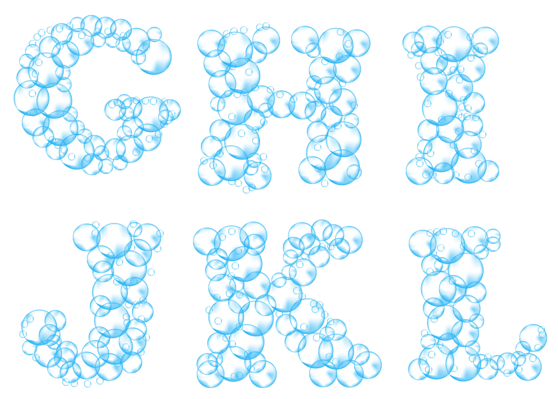 Alphabet of soap bubbles. Water suds letters g, h, i, j, k, l