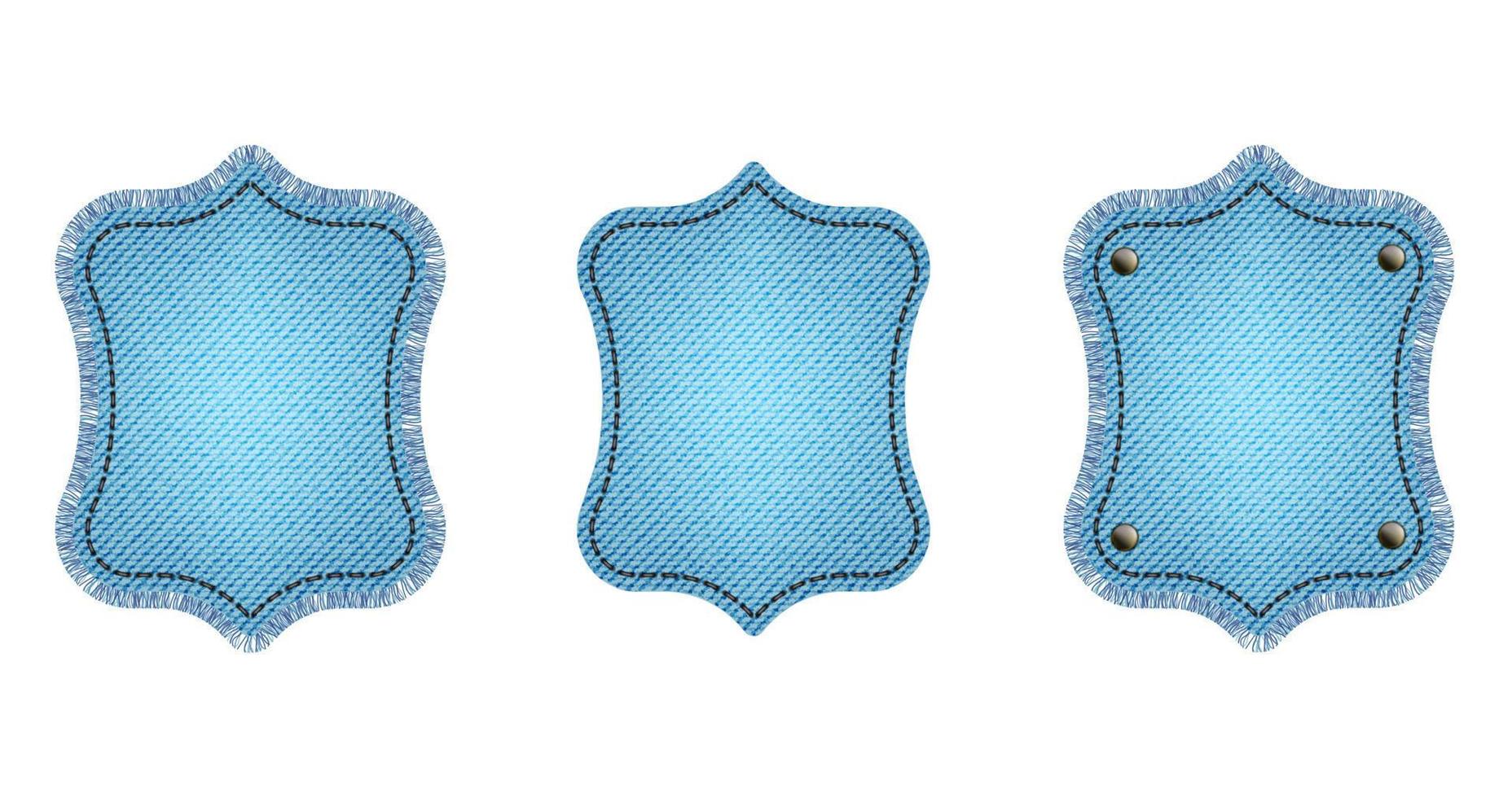 Set of blue denim patches with stitch, rivets and fringe. Light blue denim. Vintage patches vector