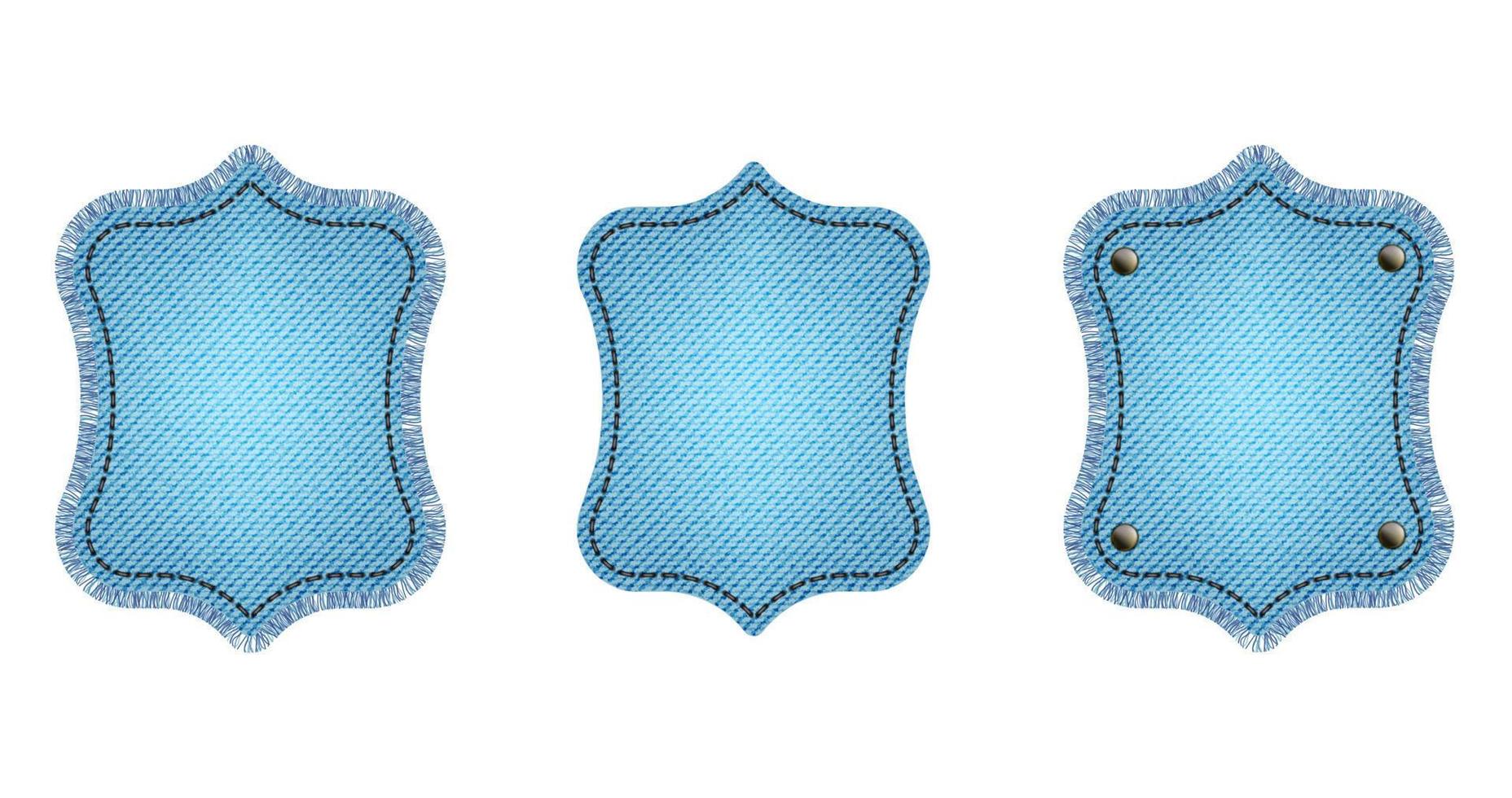 Set of blue denim patches with stitch, rivets and fringe. Light blue denim. Vintage patches vector